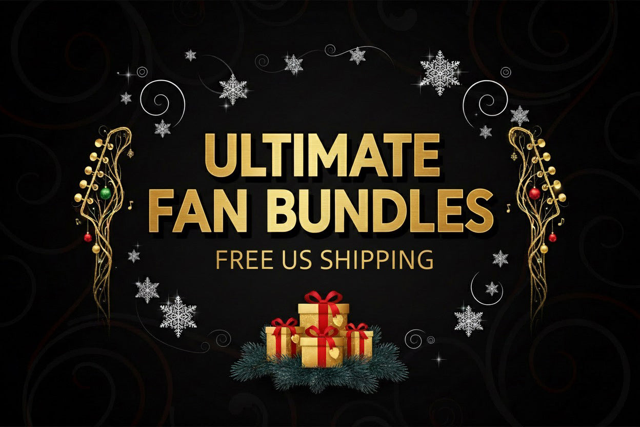 Holiday scene with the text ULTIMATE FAN BUNDLES, free us shipping
